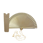 Load image into Gallery viewer, Gold Clutch Fan with beige leather case and chain - Made of Wood and Cotton - Original and Handmade
